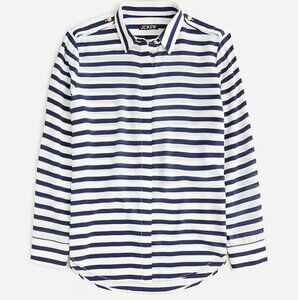 NWT J. Crew Navy Striped Button Up Silk Shirt Gold Buttons Size Medium